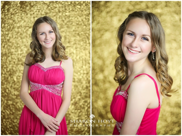Teen session in pink dress in gold background